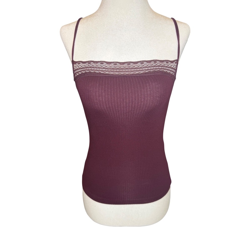 Madewell Women's Ribbed Lace Trim Square-Neck Burgundy XXS NY280 New